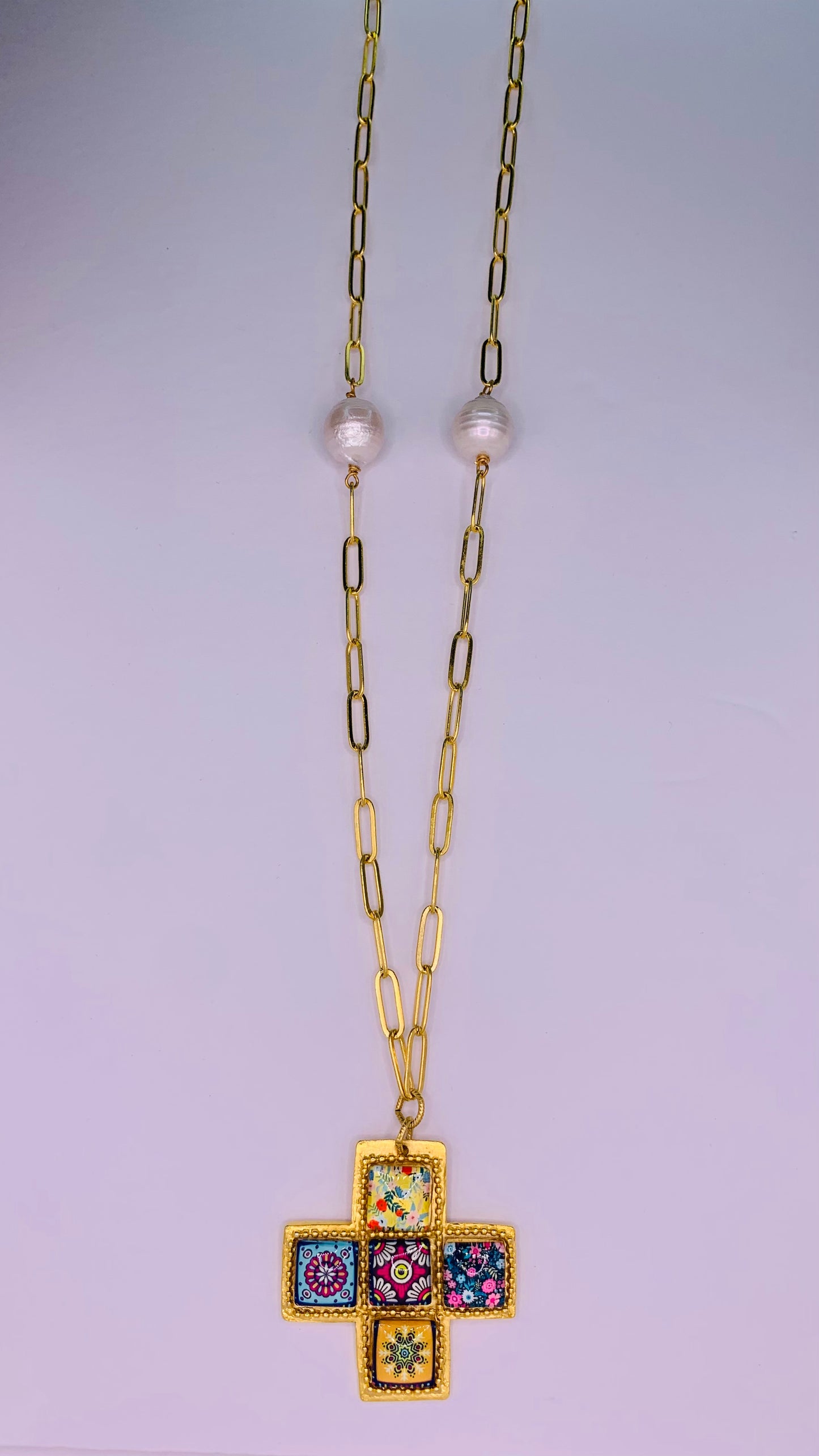 Flowers Cross on Paperclip Chain Necklace. ITEM 311