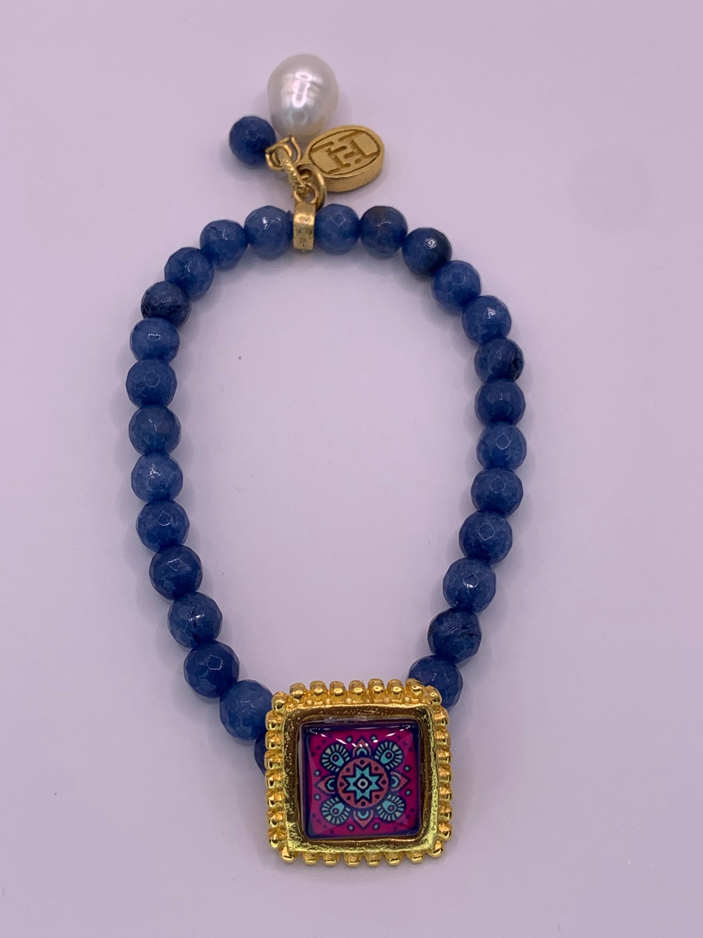 Blue jade & pink mosaic bracelet. ITEM 427