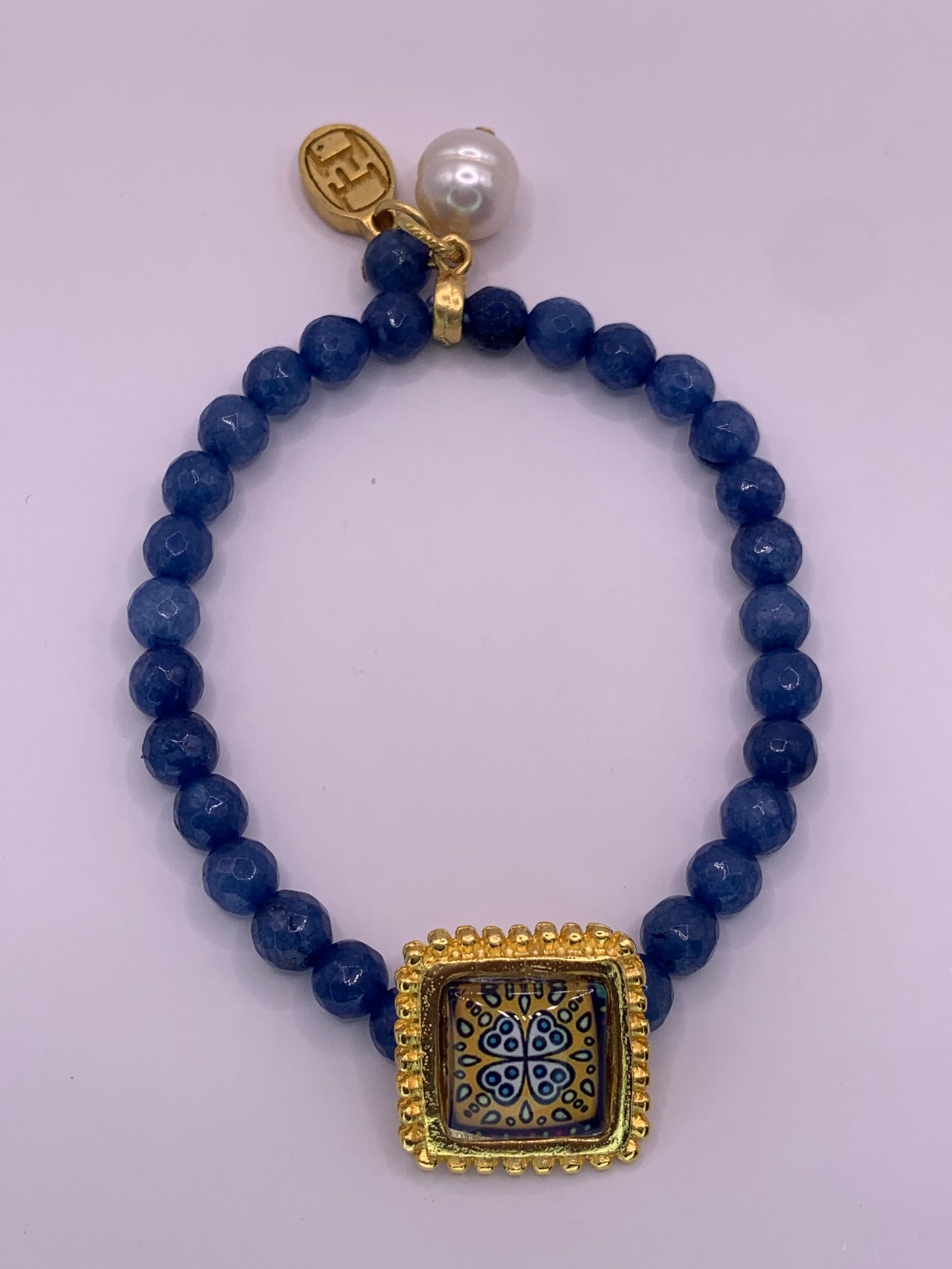 Blue jade & yellow mosaic bracelet. ITEM 428