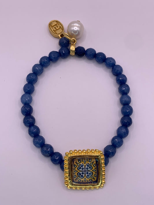 Blue jade & yellow mosaic bracelet. ITEM 428