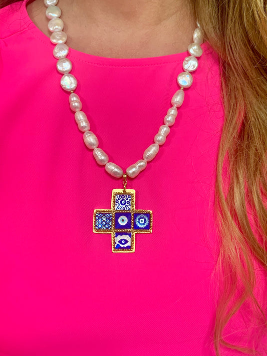 Pearl & Evil Eye Cross. ITEM 113