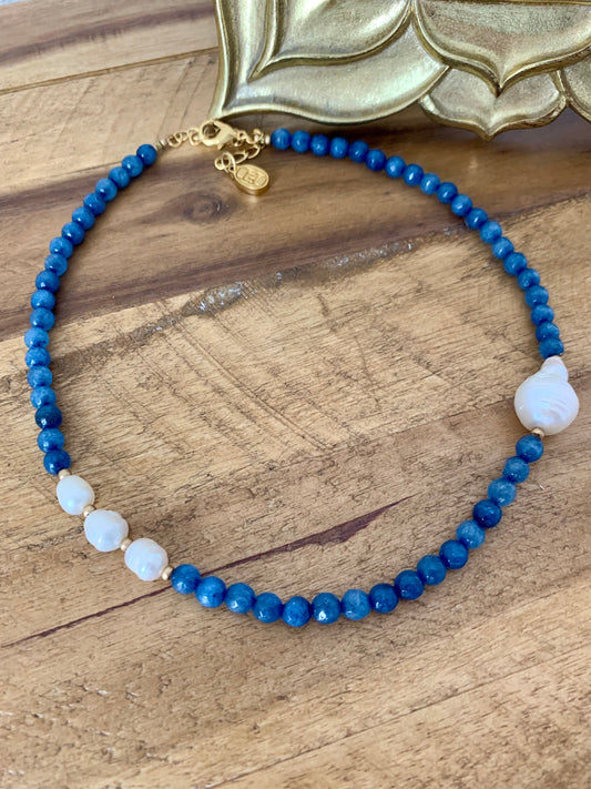 Blue Jade & Pearls necklace. ITEM 814.